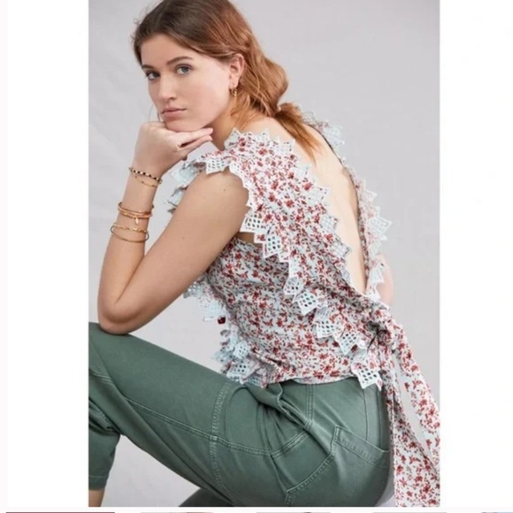 Anthropologie Tops - ANTHROPOLOGIE‎ BLUE TASSEL  COTTON TRINA BOW SLIGHTLY CROPPED BLOUSE SIZE XL